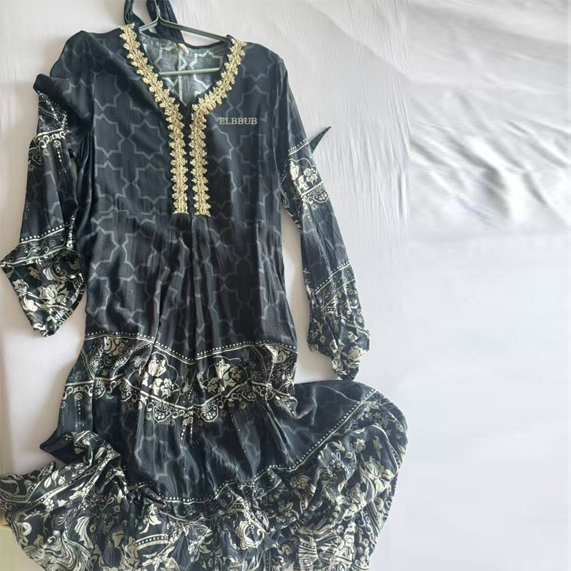 ELBBUB Women Elegant Long Maxi Dress, Lace Print V Neck Flowy Long Sleeve Dress, Party Holiday Casual Floor Length Dress