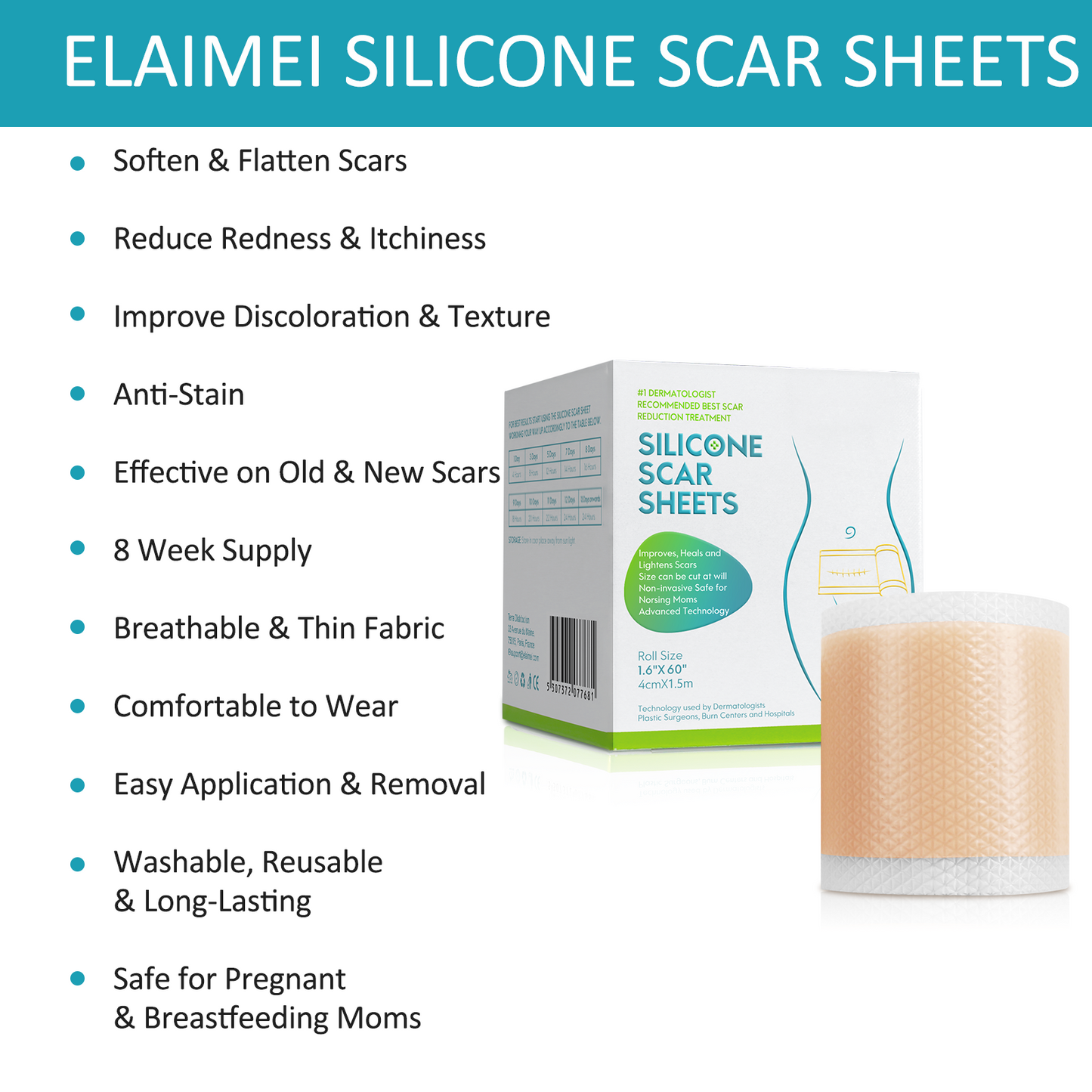 Silicone Scar Sheets, Professional Silicone Scar Sheets,Scar Silicone Tape Strips, Scar Removal Sheets for C-Section,Surgery,Burn,Keloid,Acne (1.5 Meters(4 Month Supply)