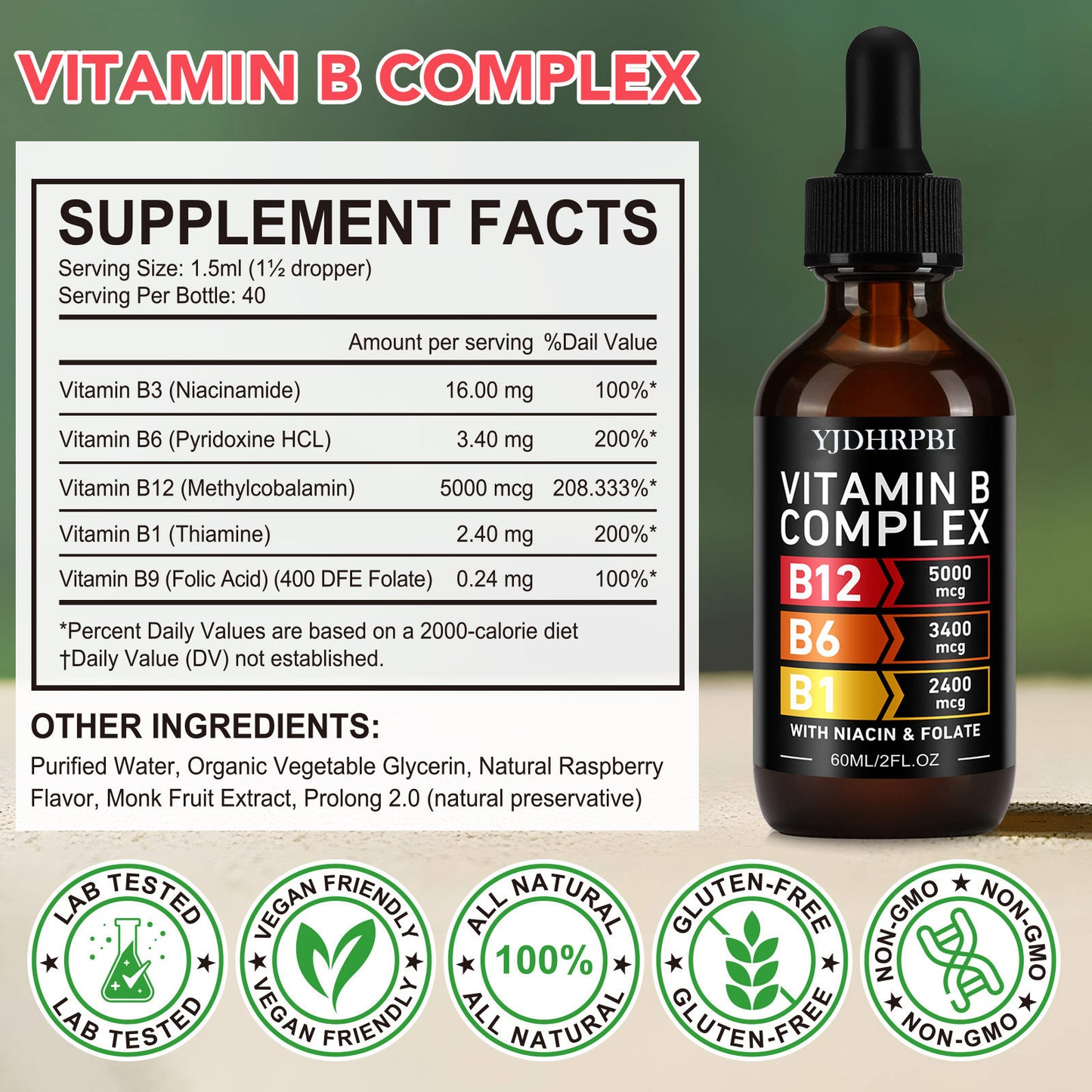 YJDHRPBI VITAMIN B ,COMPLEX B12 5000mcg,B6 3400mcg,B1 2400mcg,WITH NIACIN & FOLATE