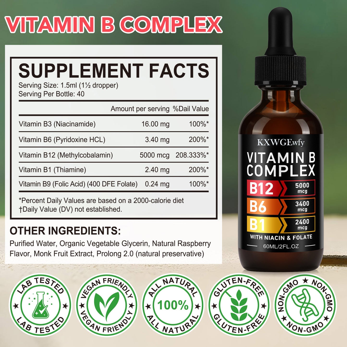 KXWGEwfy VITAMIN B ,COMPLEX B12 5000mcg,B6 3400mcg,B1 2400mcg, WITH NIACIN & FOLATE