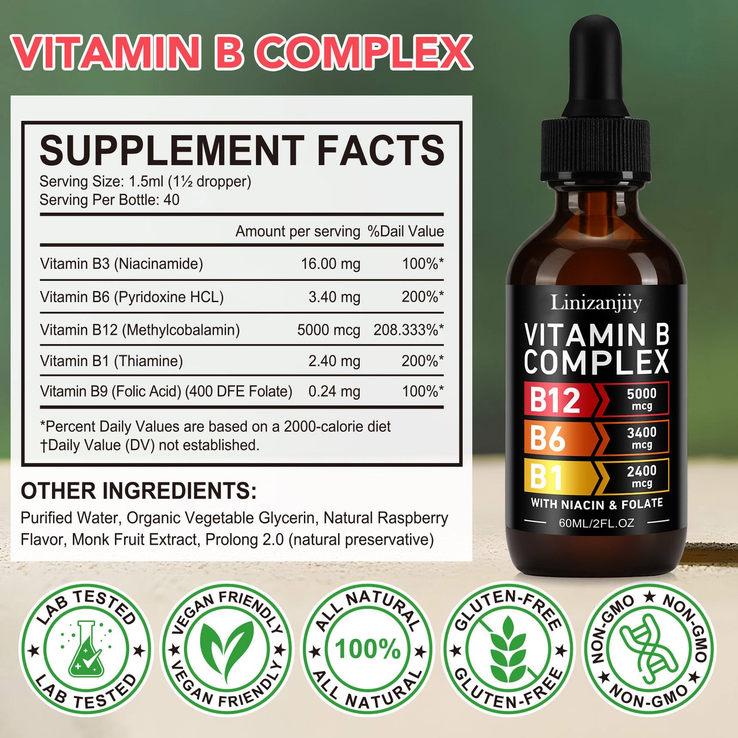 Linizanjiiy VITAMIN B ,COMPLEX B12 5000mcg,B6 3400mcg,B1 2400mcg, WITH NIACIN & FOLATE