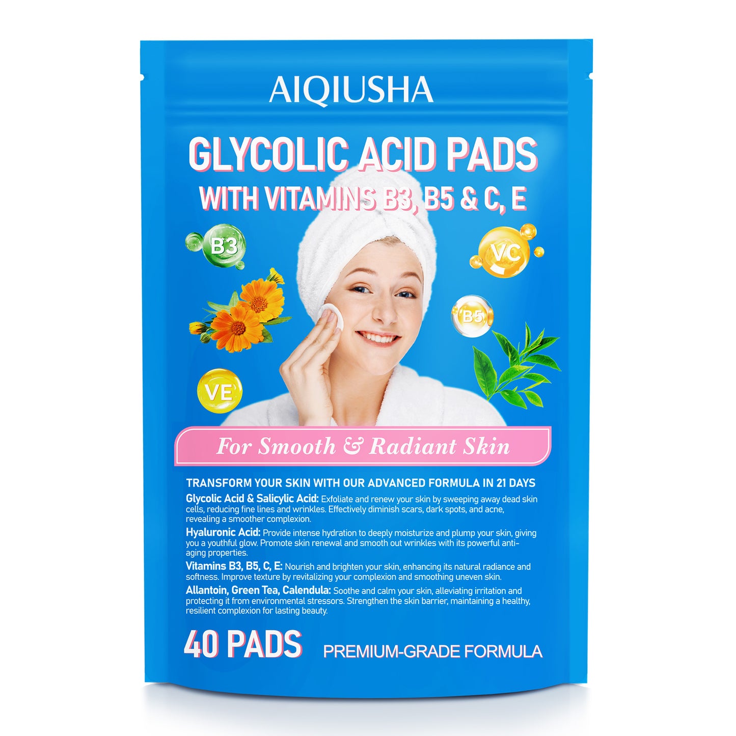 AIQIUSHA GLYCOLIC ACID PADS WITH VITAMINS B3,B5 & C,E