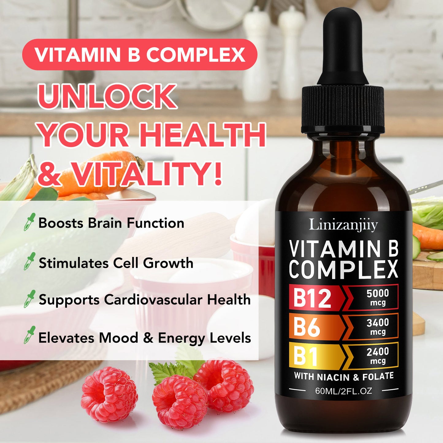 Linizanjiiy VITAMIN B ,COMPLEX B12 5000mcg,B6 3400mcg,B1 2400mcg, WITH NIACIN & FOLATE