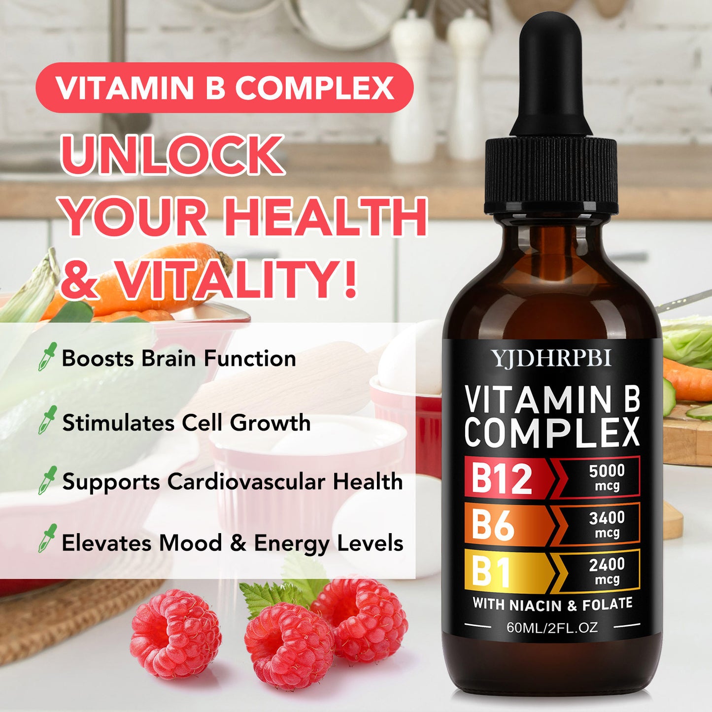 YJDHRPBI VITAMIN B ,COMPLEX B12 5000mcg,B6 3400mcg,B1 2400mcg,WITH NIACIN & FOLATE