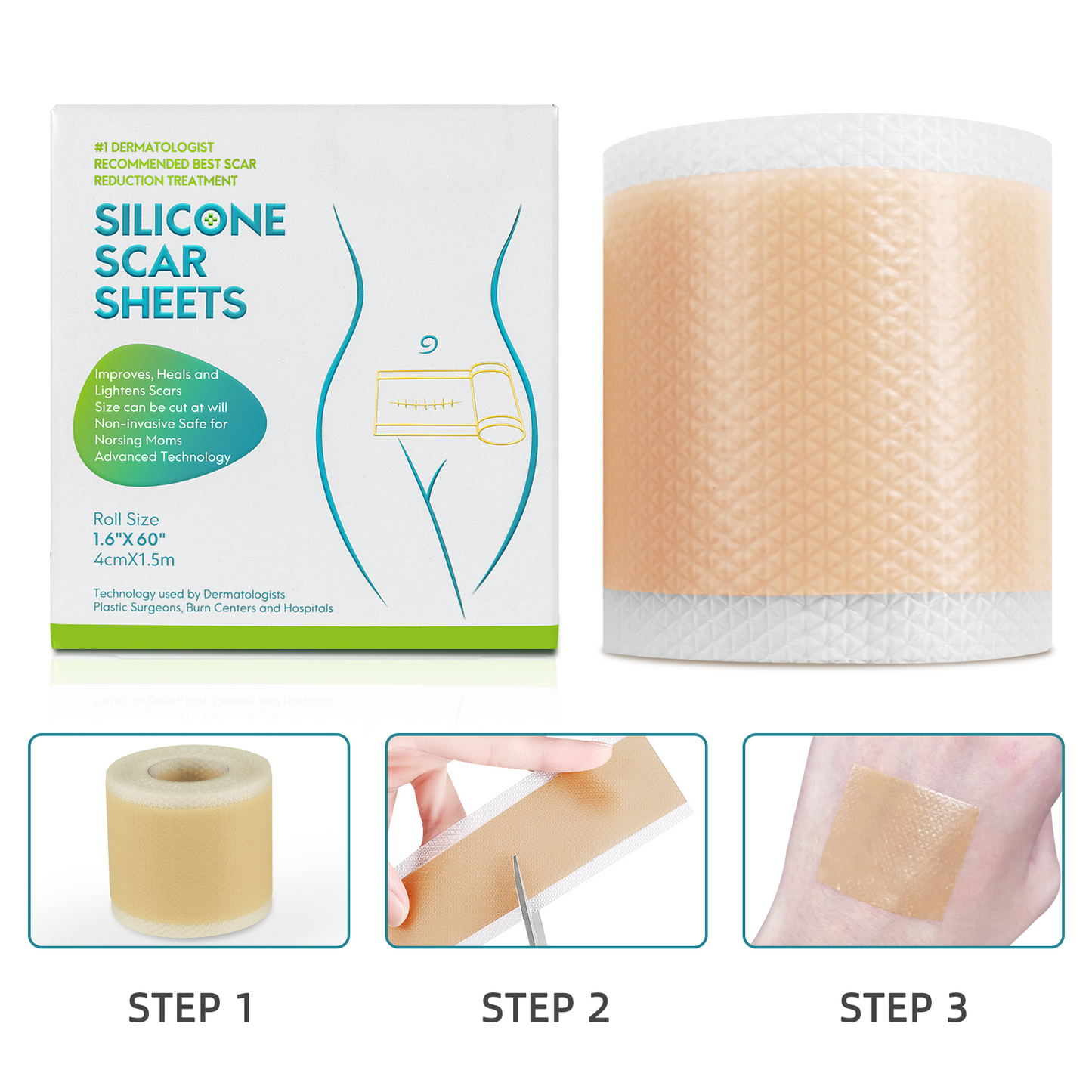 Silicone Scar Sheets, Professional Silicone Scar Sheets,Scar Silicone Tape Strips, Scar Removal Sheets for C-Section,Surgery,Burn,Keloid,Acne (1.5 Meters(4 Month Supply)
