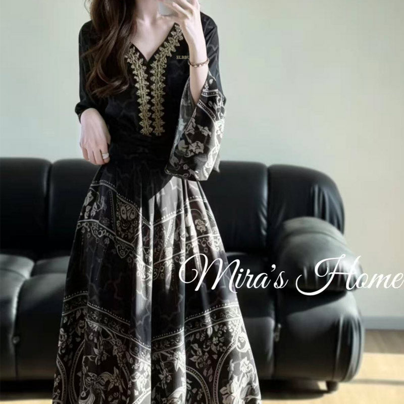 ELBBUB Women Elegant Long Maxi Dress, Lace Print V Neck Flowy Long Sleeve Dress, Party Holiday Casual Floor Length Dress