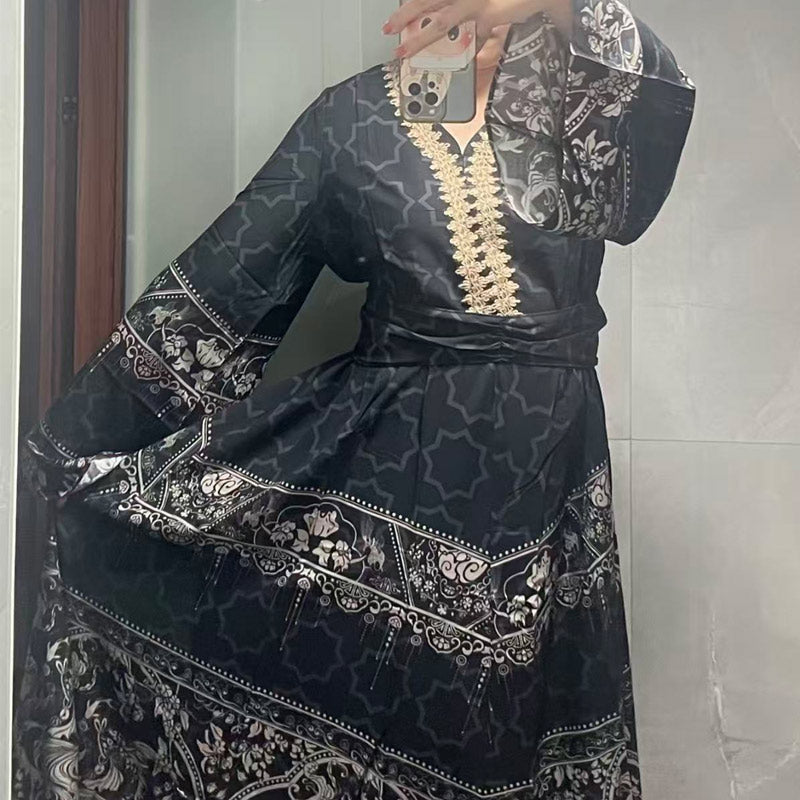 ELBBUB Women Elegant Long Maxi Dress, Lace Print V Neck Flowy Long Sleeve Dress, Party Holiday Casual Floor Length Dress