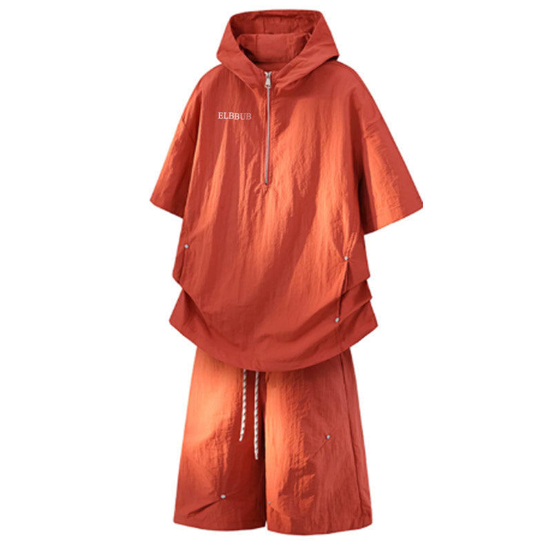 ELBBUB Women Hooded Short Sleeve Athletic Outfit, Half Zip Loose Sports Top with Matching Shorts Set, Casual Summer Workout Tracksuit