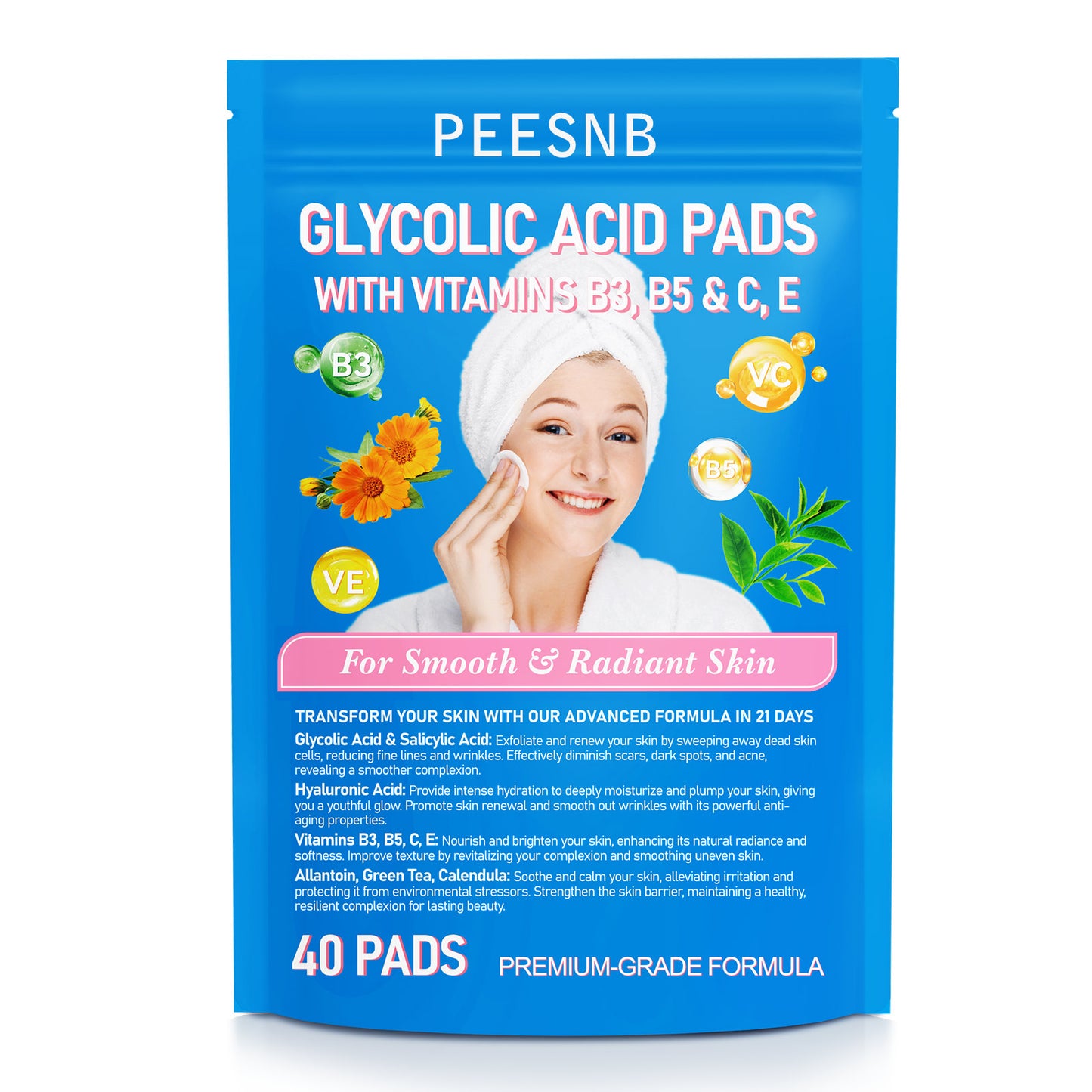 PEESNB GLYCOLIC ACID PADS WITH VITAMINS B3，B5 & C, E