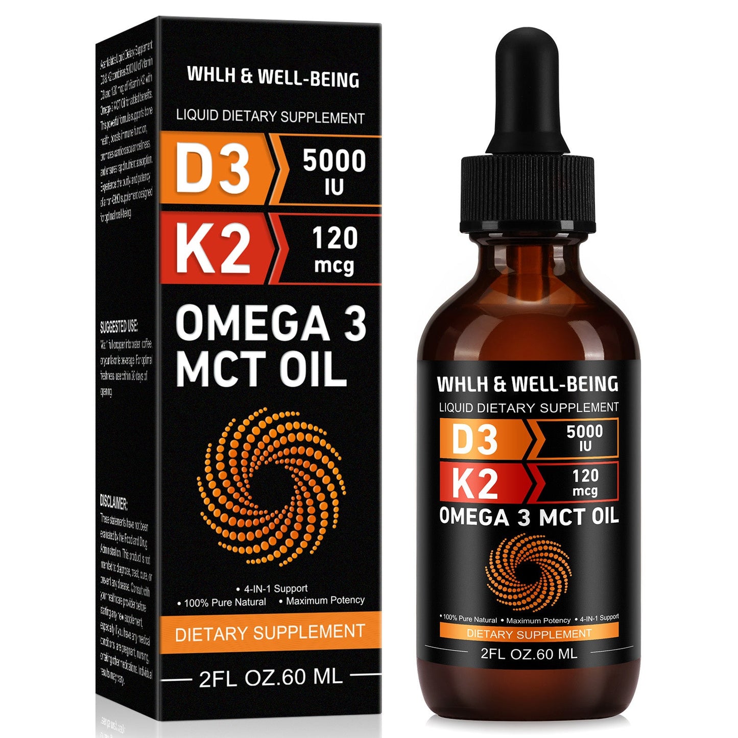 WHLH & WELL-BEING LIQUID DIETARY SUOOLEMENT,D3 5000IU,K2 120mcg，OMEGA 3 MCT OIL