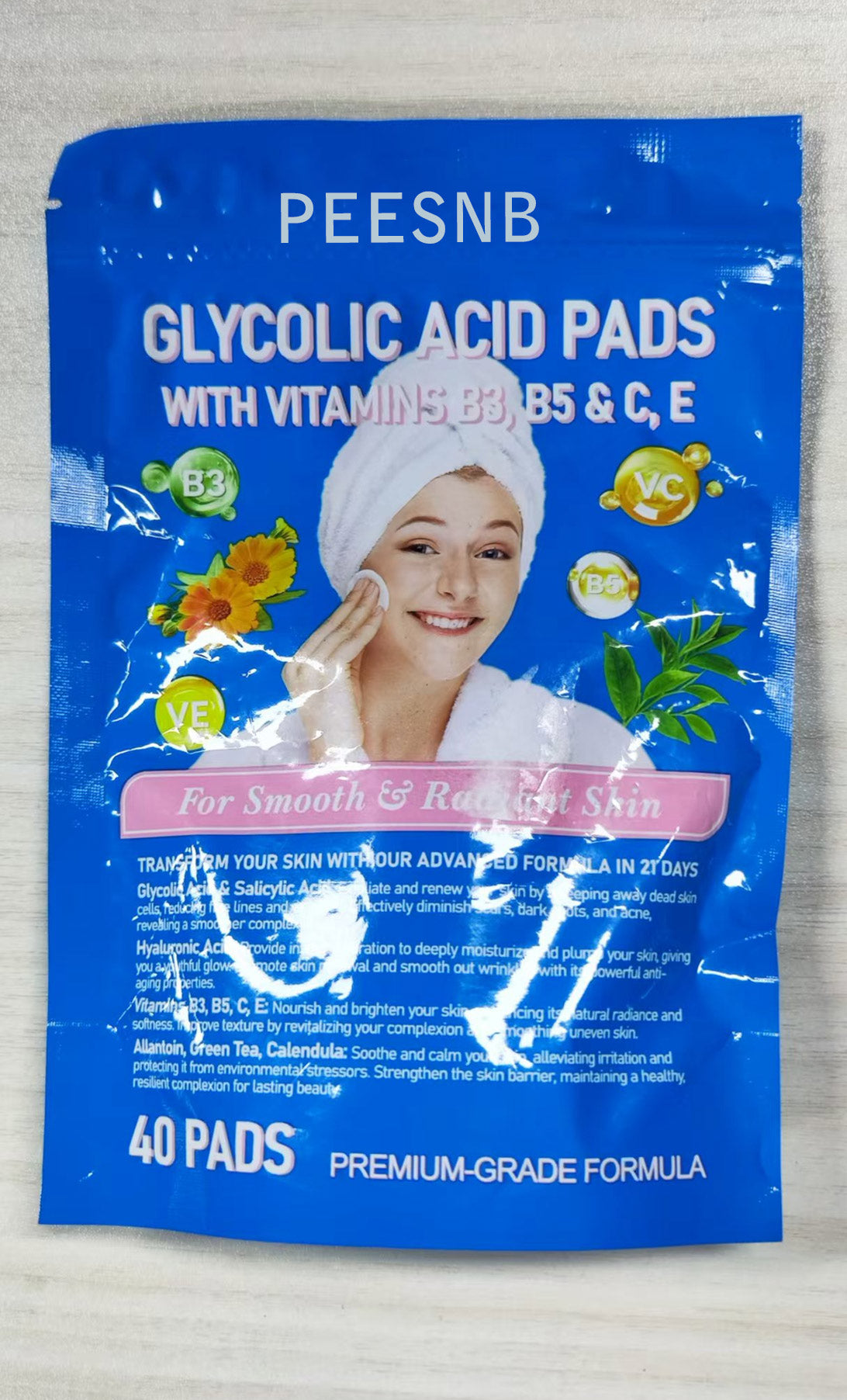 PEESNB GLYCOLIC ACID PADS WITH VITAMINS B3，B5 & C, E
