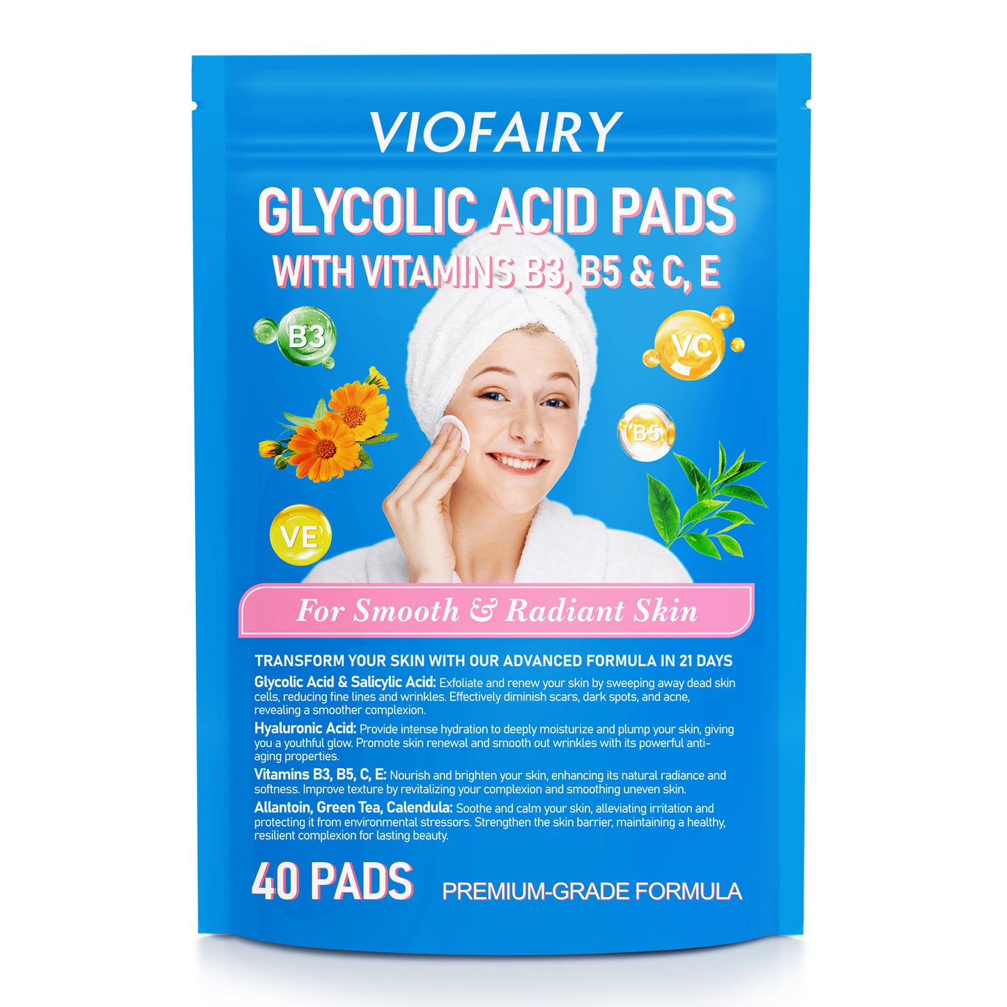 VIOFAIRY GLYCOLIC ACID PADSWITH VITAMINS B3, B5 & C, E