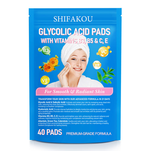 SHIFAKOU GLYCOLIC ACID PADS WITH VITAMINS B3,B5 & C,E